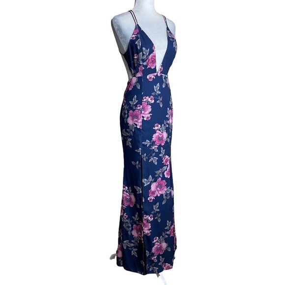 Fame and Partners NWT $279 Blue Pink Floral Gown Maxi Dress Plunging V-Neck 2 - Picture 8 of 14